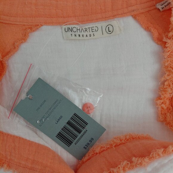Uncharted Threads 100% Cotton Button-Up Shirt Size LARGE Orange White Frayed - Picture 8 of 9